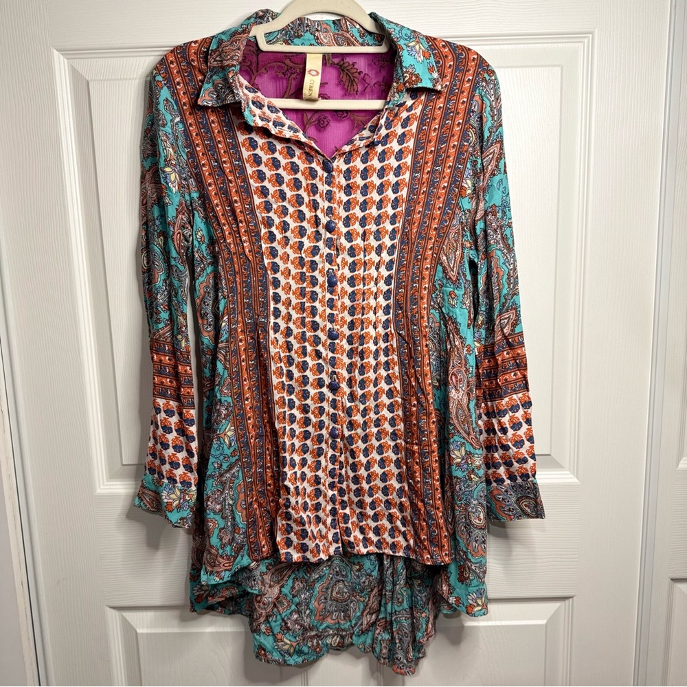 CYRENA Boho Printed Button-Down Tunic Top - Turquoise &  Pink Size Small FLAWED
